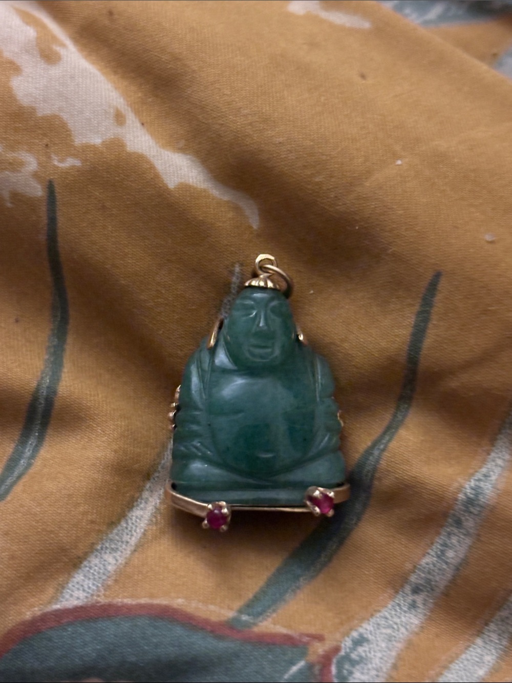 14K Solid Gold Aventurine and Ruby Buddha Pendant Necklace
